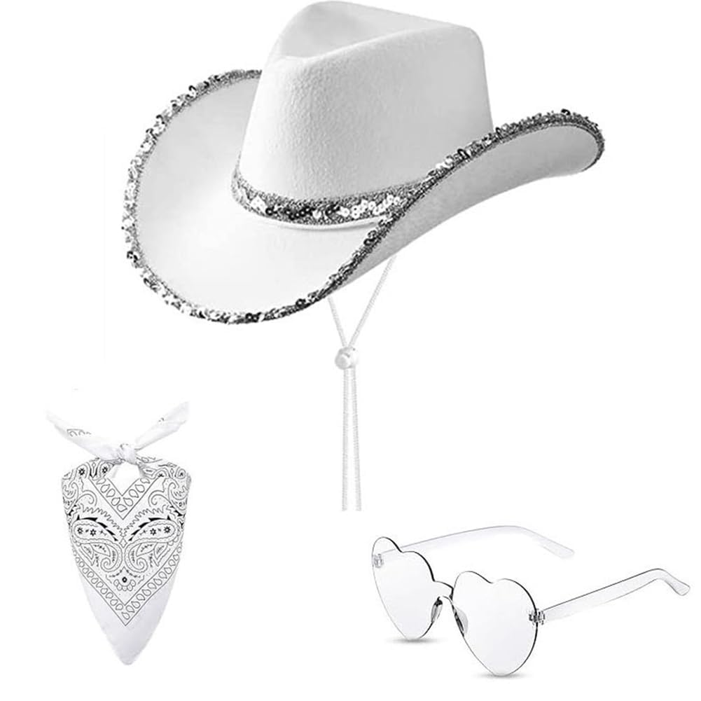 Cappello Cowboy Bambina, Set Cappello da Cowboy Bianco, Decorazione Cappello Cowgirl Cap, Per il Gioco di Ruolo, Festa in Maschera di Carnevale, Regalo di Compleanno, 3PCS