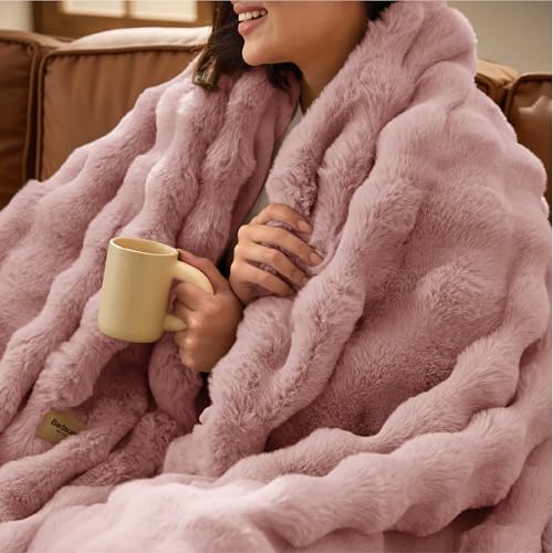 Bedsure GentleSoft Fluffy Faux Fur Blanket Twin Size, Fuzzy Soft Bubble Blanket for Couch, Home Decor Gifts for Bedroom Living Room, Thick Furry Cozy Gifts for Women, Dusty Rose, 60x80 Inch