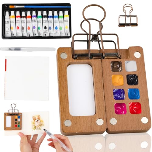 TLYITU Mini Paint Palette Travel Kit Portable Watercolor Paint Set with Wooden Palette Metal Clip Brush & Sketchbook Compact Travel Watercolor Palette Kit for Outdoor Creative Work