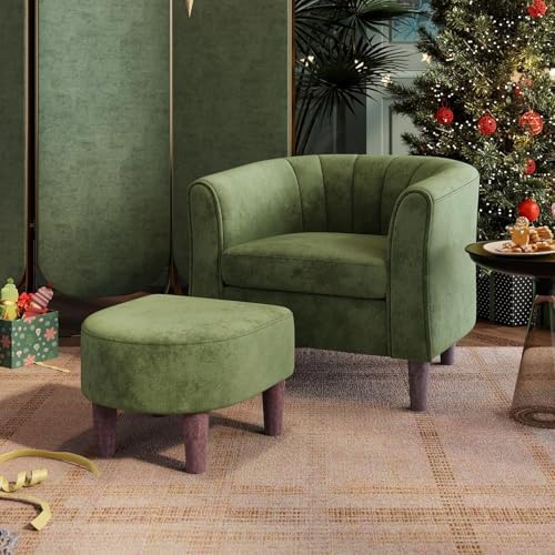 LINSY Accent Chair with Ottoman, Modern Armchair Comfy Barrel Rea...