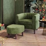 LINSY Accent Chair with Ottoman, Modern Armchair Comfy Barrel Reading Chair with Footrest for Living Room Bedroom Reading Room, Velvet, Olive Green