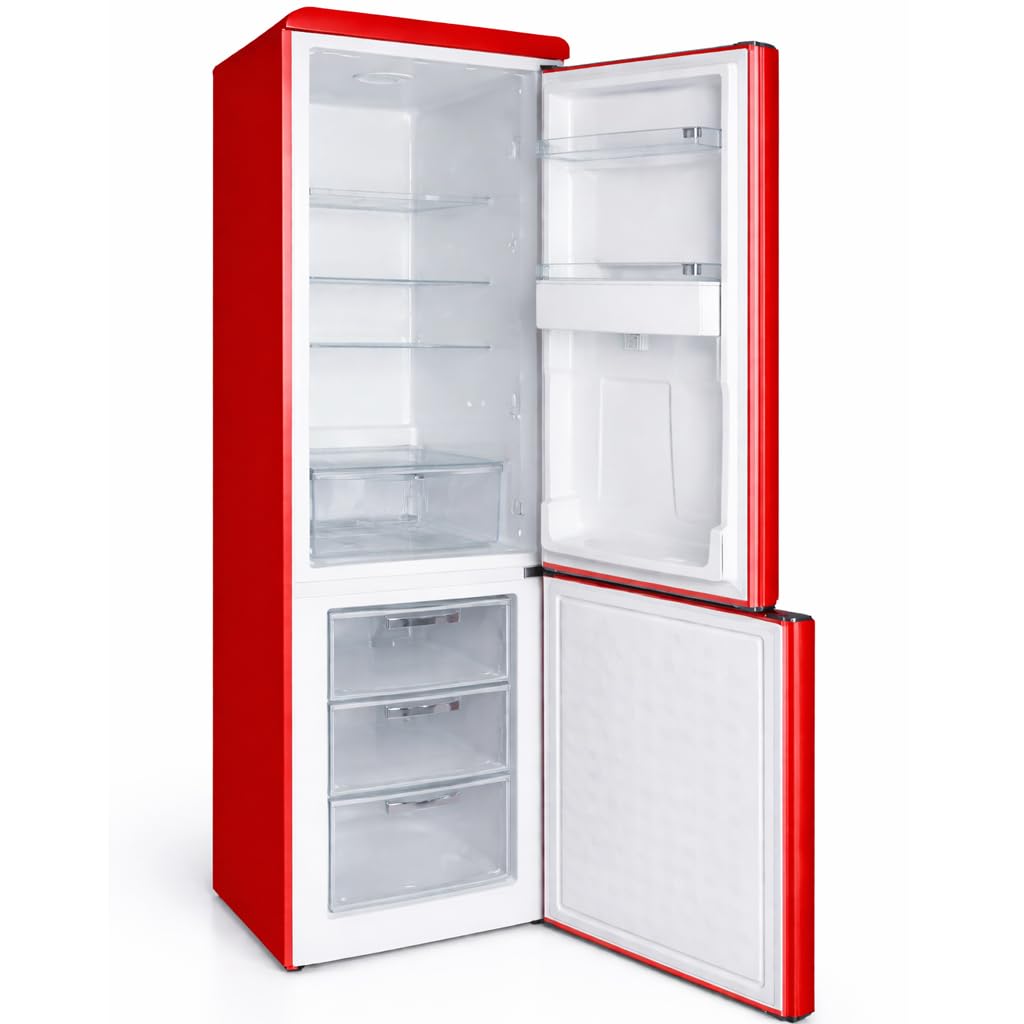 BAKAJI Frigorifero Combinato Vintage con Doppia Porta da 247 Litri, Frigo Salvaspazio con Dispenser d'Acqua e Maniglie Ergonomiche Design Retrò, Dimensioni 60 x 60 x 178 cm (Rosso)