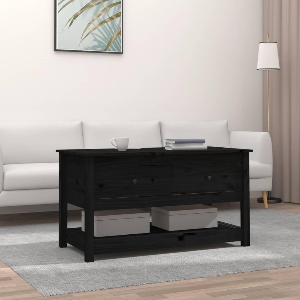 Mesa de centro negra 102 x 49 x 55 cm de madera maciza de pino diseño moderno con 2 cajones y estante abierto, mesa auxiliar robusta para salón, dormitorio y oficina