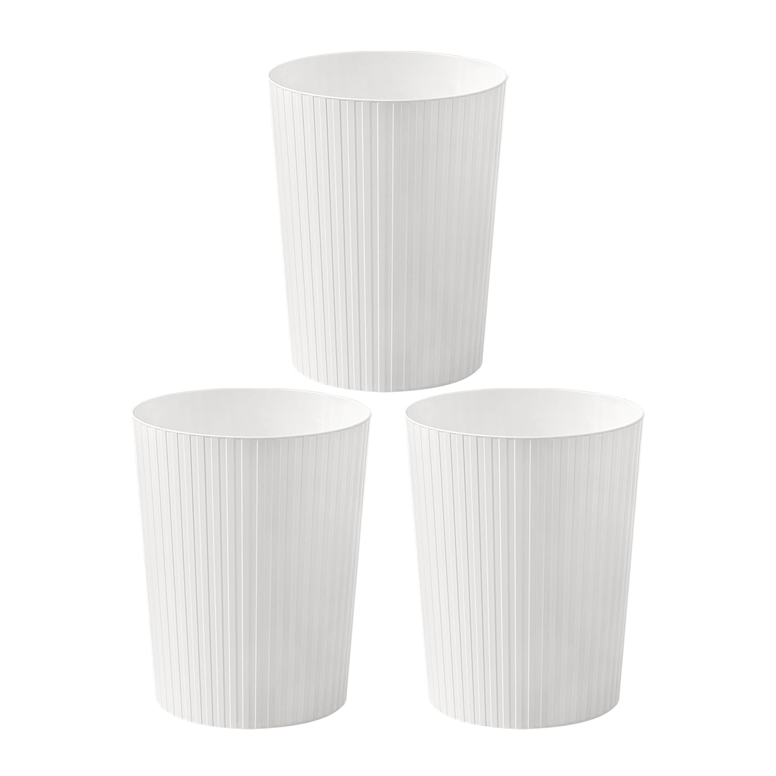Cetomo 7.2L*3 Plastic Waste Paper Bin, Trash Can, Small Bins, Bedroom Bin, Round Waste Basket with Solid Stripe for Kitchen Rooms, Nesting, Matte, Frosted, Minimalist, Open Top, White, 7.2L(3 Pack)