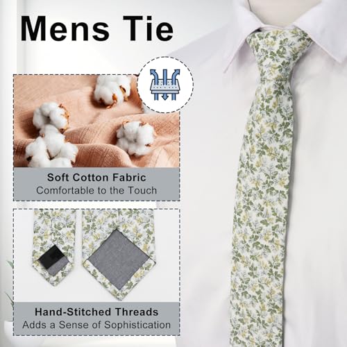 Image of Luckyvestir Ties for Men, Sage Green Cotton Floral Tie 2.76 inch Flower Printed Men's Neckties for Wedding /Groomsmen /Suit /Party
