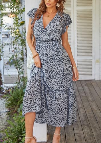 PRETTYGARDEN Women's Summer Floral Boho Maxi Dress Wrap Short Sleeve V Neck Ruffle A-Line Flowy Wedding Guest Long Dresses