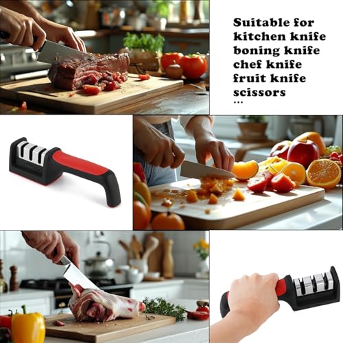 Image of Longzon Manual 3 Stage Knife Sharpener for Kitchen, Knife Sharpener Rod, Knives Sharpening Tool for Steel Knives (Red Black)