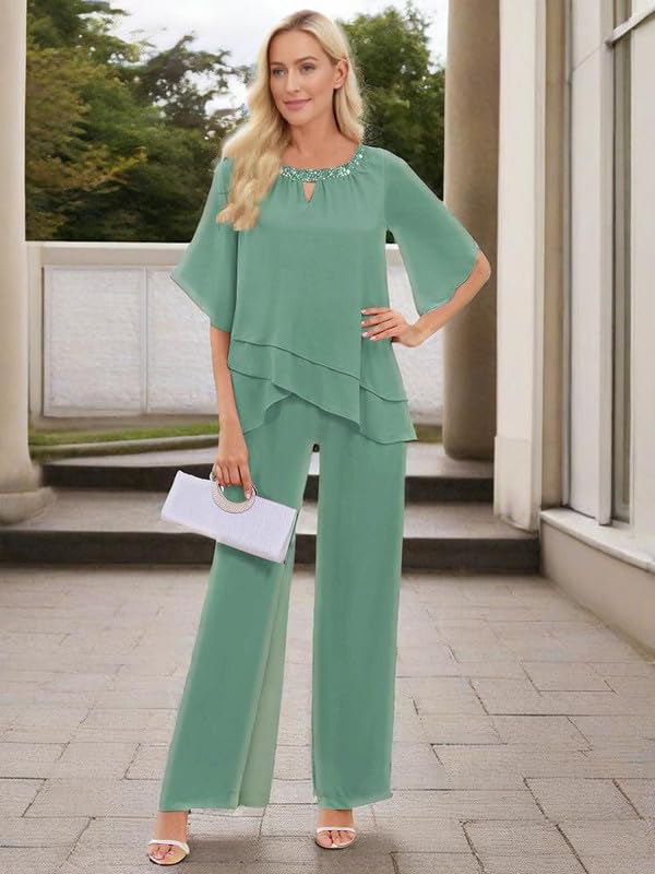 2 Piece Mother of The Bride Pant Suits for Women Dressy Layered Chiffon Wedding Guest Pantsuit Outfit with Sleeves4