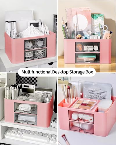 Image of Office Desk Organizer with 2 Drawers Multi-Functional Desktop Pen Pencil Case Storage Box,Desktop Organizer for Office Home Supplies Pink LCC570-03