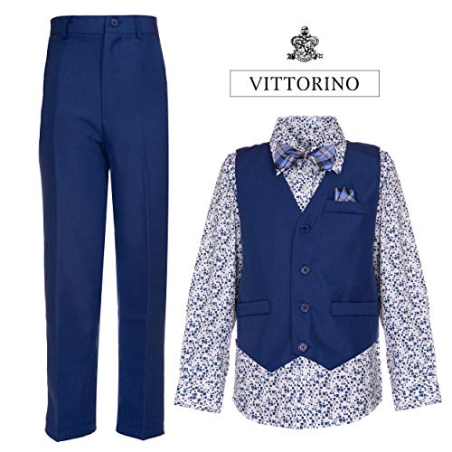 Image of Vittorino Boys 4 Piece Suit Set with Vest, Dress Shirt, Bow Tie, Pants & Pocket Square | Big & Little Kids Formal Apparel