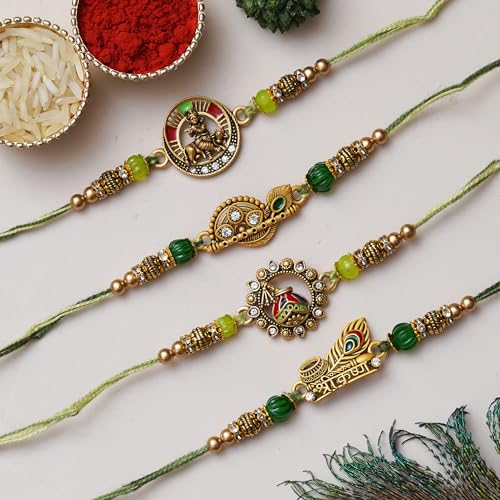 Image of eCraftIndia Set of 4 Lord Ganesha Peacock Krishna & Kalash Designer Rakhis for Brother Bhaiya Bhai | Roli Chawal Pack