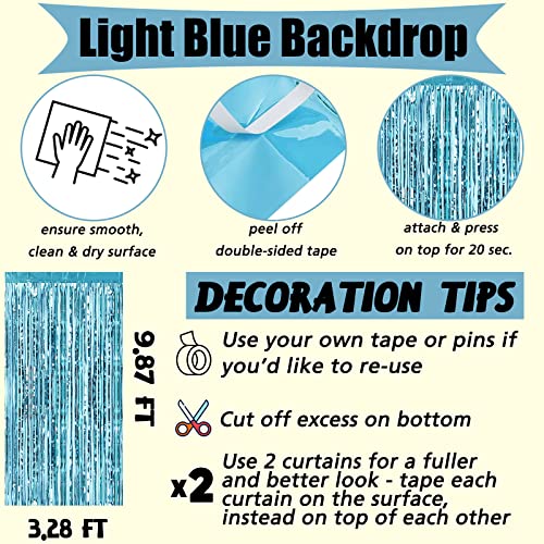 Image of 4 Pack Fringe Curtain Backdrop, 3.2Ft x 9.8Ft Light Blue Metallic Tinsel Foil Fringe Streamers Background for Photo Booth Birthday Wedding Baby Shower Easter Pool Ocean Underwater Party Decorations