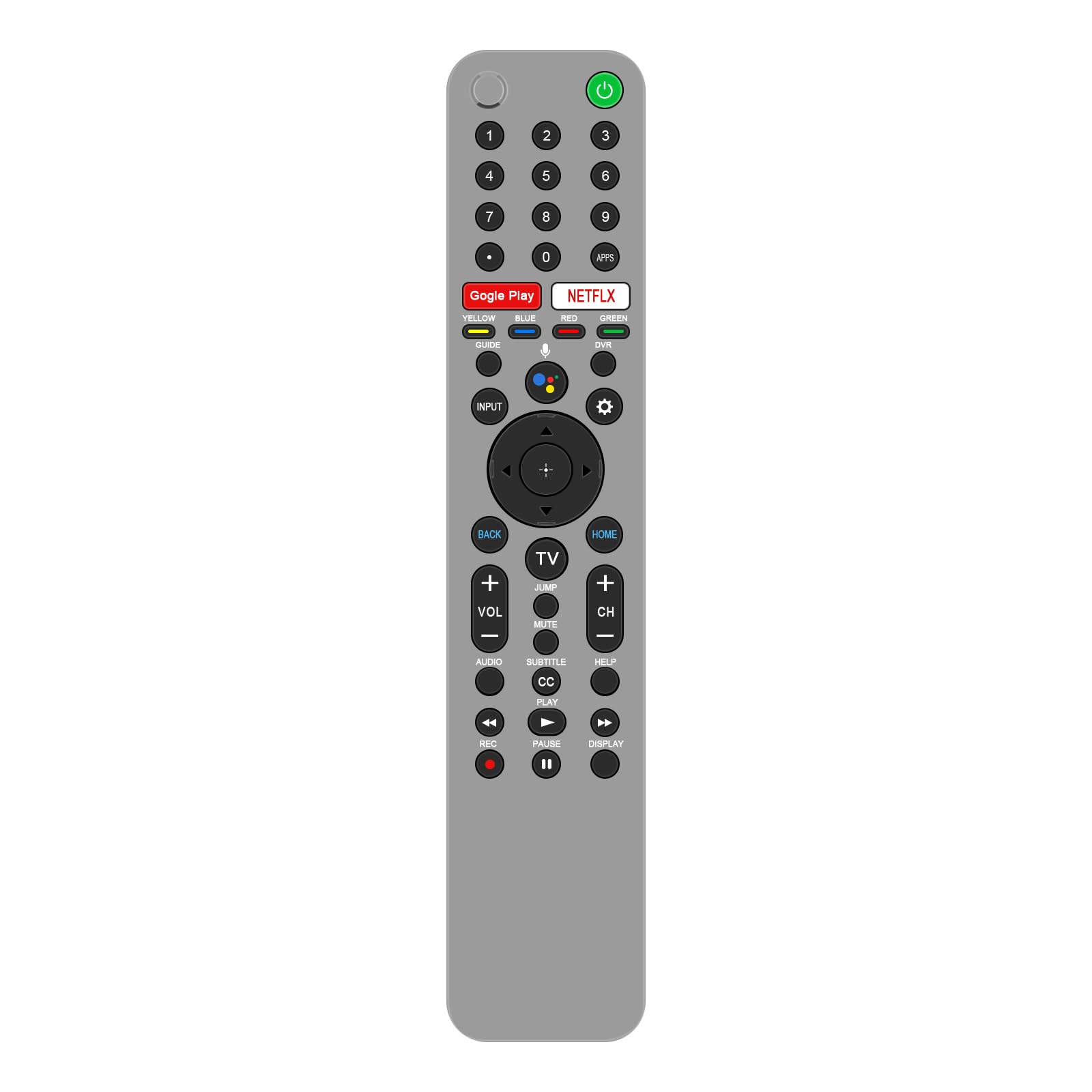 RMF-TX600U remote control with a blue arrow pointing from the microphone button to an enlarged Google Assistant logo.