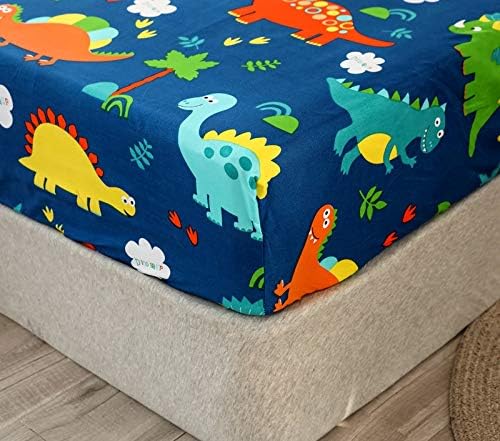 Dinosaur Fitted Sheet Queen Size Kids Bedding Set Cartoon Dinosaur Fitted Sheet for Boys Children Colorful Bedroom Decor Ancient Jungle Animals Bed Cover Tropical Hawaiian Palm Leaf Bed Set Blue 5 51pSjjE2dEL. AC