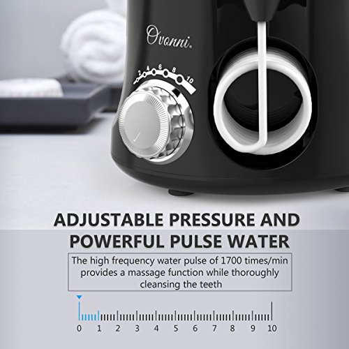 Water Flosser Teeth Cleaner, Ovonni Dental Electric Oral Irrigator with 8 Jet Tips For Braces, Implants, Bridges, 10 Pressure Settings and 600ML Capacity for Whole Family (Black)