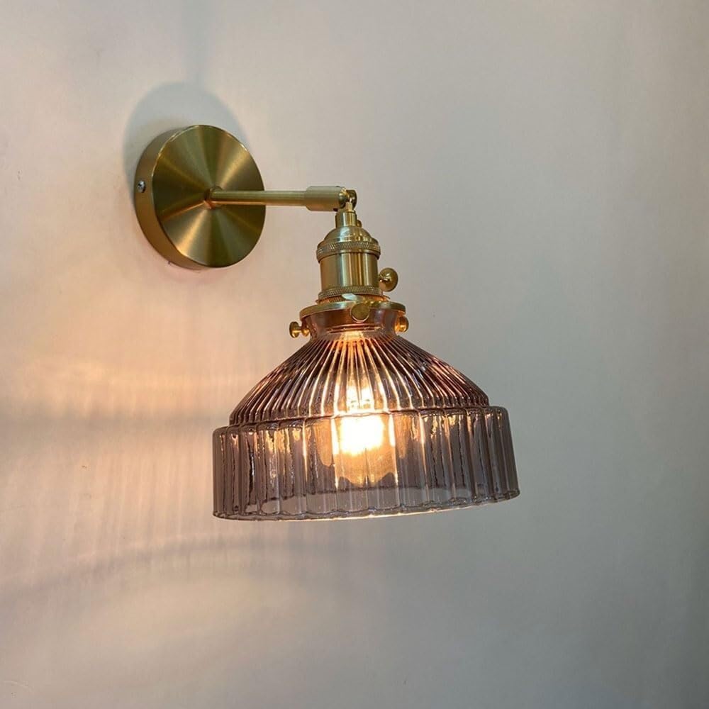 CWCQGH Modern Stripe Glass Wall Lamp Nordic Adjustable Indoor Wall Light with Brass Rotary Switch, Antique Brushed Gold Retro Wall Sconce Fixture Rotatable Hand-Blown Glass Wall,Smoke Gray
