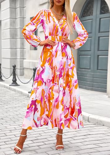 PRETTYGARDEN Women's Floral Midi Dress Casual Fall V Neck Long Sleeve Flowy Spring Beach Wedding Guest Vacation Dresses