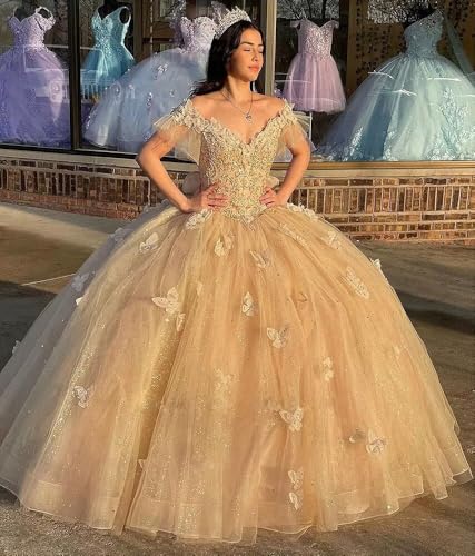 3D Butterfly Quinceanera Dresses for Teens Off Shoulder Ball Gowns Puffy Tulle Prom Princess Dresses3