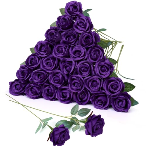 LPREUTWN 30pcs Fake Roses Artificial Silk Flowers Long Stems Bouquet for Wedding Bridal Shower Party Home Decoration (Dark Purple)