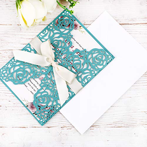 Ponatia 25 Pcs 5.12 X 7.1'' 250Gsm Laser Cut Hollow Rose Wedding Invitations Cards With Ivory Ribbons For Bridal Shower Engagement Birthday Graduation Invitation (Teal Green) #TOP7