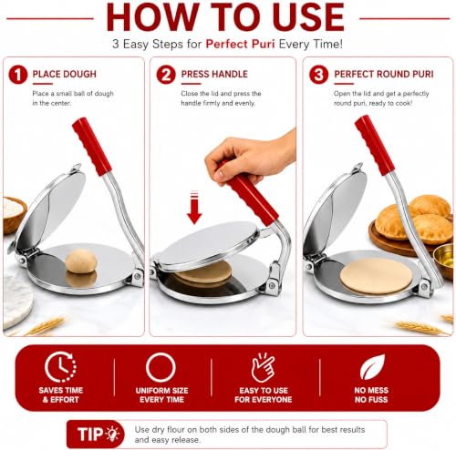 Image of 8 inch Manual Puri Maker Heavy Duty Puri Press Machine | Non-Stick Roti & Puri Press | Dough Maker for Chapati, Tortilla, Khakhra & Papad