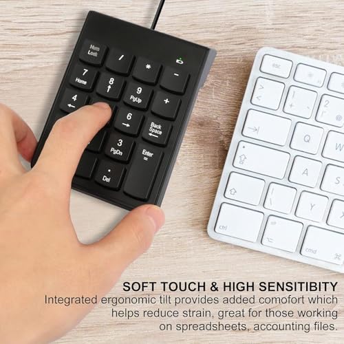 Image of NEXSA 18 Key USB 2.0 Wired Numeric Keypad Slim Mini Numpad Laptop Laptop | Features eighteen low profile responsive keys arranged in an ergonomic tilted layout for swift accounting tasks.