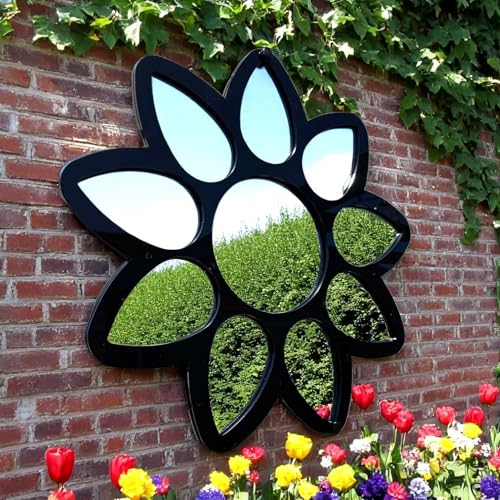 Servewell Outdoor Garden Wall Mirror, Decorative Flower Design, Black Frame, 30cm