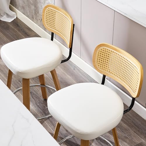 Image of Natural Rattan Bar Stools Set of 2,Upholstered PU Leather, 26'' Counter Height Barstools with Back and Wood Legs,360Swivel,Mid-Century Modern Bar Stool for Kitchen Island Dining Room and Bar(White)