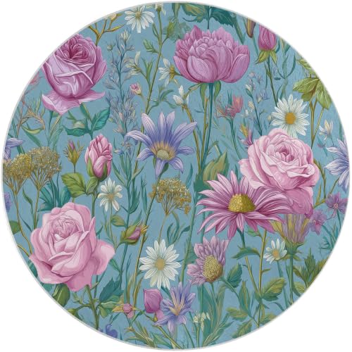 Tapis salon bleu rond 100 cm style champêtre à fleurs rose lavable