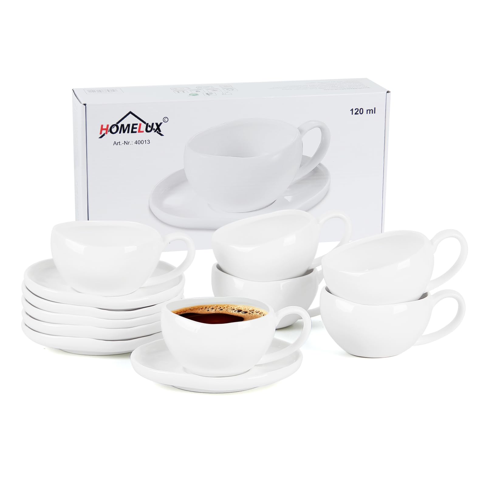 Filiżanki do espresso, zestaw filiżanek do espresso ze spodkami, 6-częściowy zestaw filiżanek do espresso i spodków, ceramiczne ze spodkami, 120 ml, filiżanki i spodki, białe