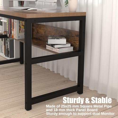 Image of Study Table for Home | with Under-Desk Storage Shelf | Wooden Industrial Computer Table for Home Office & Gaming | Rustic Wood & Black Metal Frame | Rustic Brown | 150x60x75 cm
