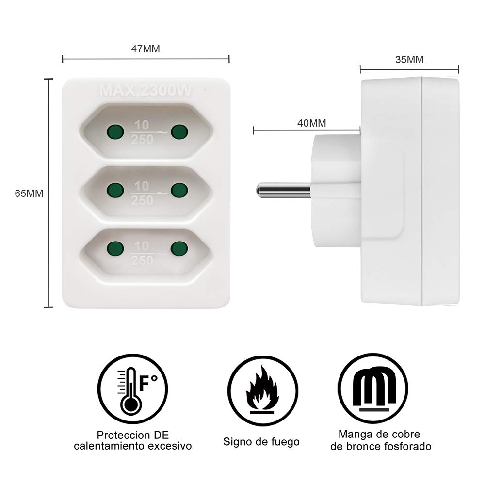 EXTRASTAR 3 en 1 Adaptador Plano con 3 Enchufes Schuko, 3 Tomas Adaptador, hasta Carge 2300W, 10A, 250V, Blanco, 2 pcs