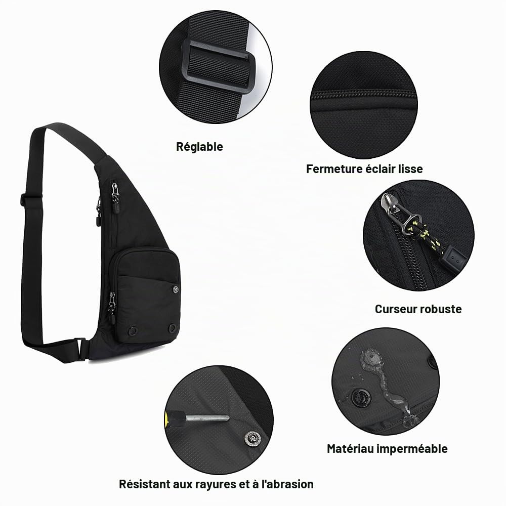 A-QMZL Sac à bandoulière pour homme et femme - Sac de poitrine fin et antivol - Imperméable et léger - Plusieurs poches - Sac à bandoulière pour voyage, sport, randonnée