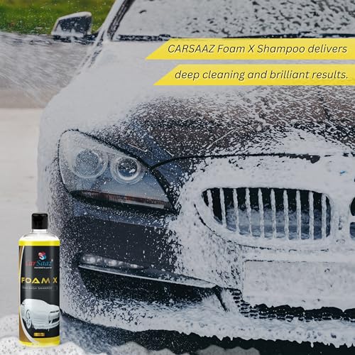 Image of CAR SAAZ Foam X Car & Bike Wash Foam Shampoo (1 LTR) with Waterproof Microfiber Mitt Hand Glove | Premium Foam Shampoo for Super Clean Wash | pH Neutral, Thick Suds, Highly Effective (1000 ml)