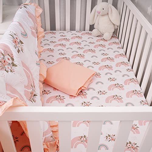 Noisy Mouse - Boho Rainbow, Premium, 100% Organic Cotton 4-Piece Baby Nursery Bedding Crib Set | Baby Comforter | 2 X Fitted Crib Sheets | Crib Skirt (Peach, Teal, White) #TOP5