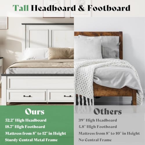 Image of AMERLIFE King Size Farmhouse Bed Frame with 52.2 inch Tall Panel Headboard & Footboard, Storage Platform Bed with Spacious Drawers, No Box Spring Required, Rustic White