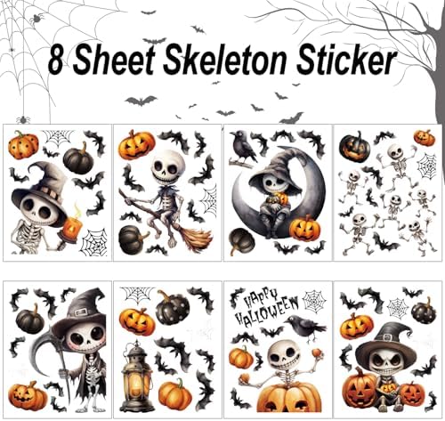 51pSmacuzeL._AC_ CCINEE 8 Sheets Scary Skeleton Halloween Window Stickers Double Sided Skeleton Bat Pumpkin Gel Window Stickers for Halloween Party Glass Sticker Interior Mirror Wall Decoration