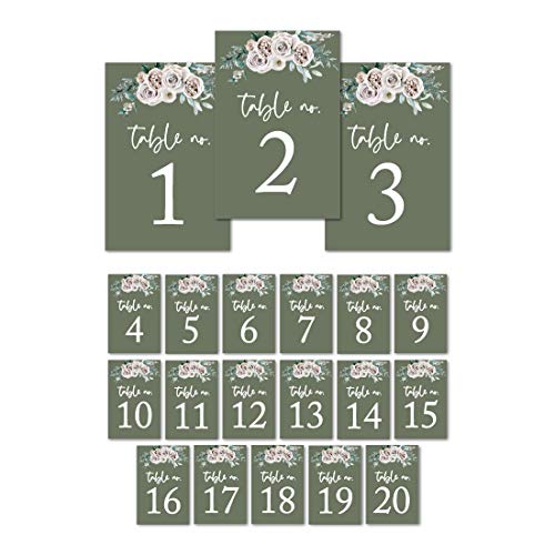 Andaz Press Sage Green with Cream Floral Blossoms Wedding Table Numbers 1-20, 4x6-Inches Table Number Cards For Wedding Reception, Boda