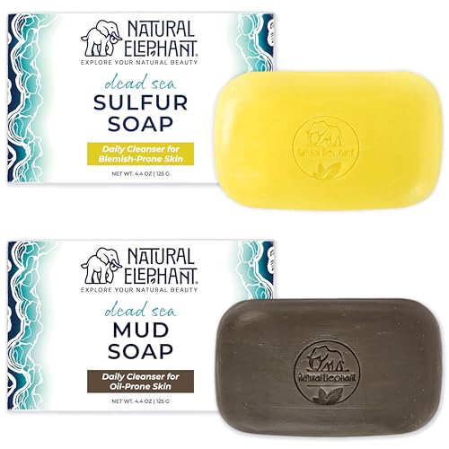 Natural Elephant Dead Sea Sulfur Soap 4.4 oz with Dead Sea Salt, Aloe Vera, Sulphur Face and Body Bar for All Skin Types (1 Sulfur + 1 Mud Soap (2 Bars Total))