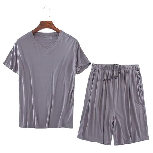 UNZYE Pijama para homem curto mais tamanho, moda decote em V decote em V de duas peças roupa de dormir de verão, tamanho grande (8XL, cinzento escuro-V)