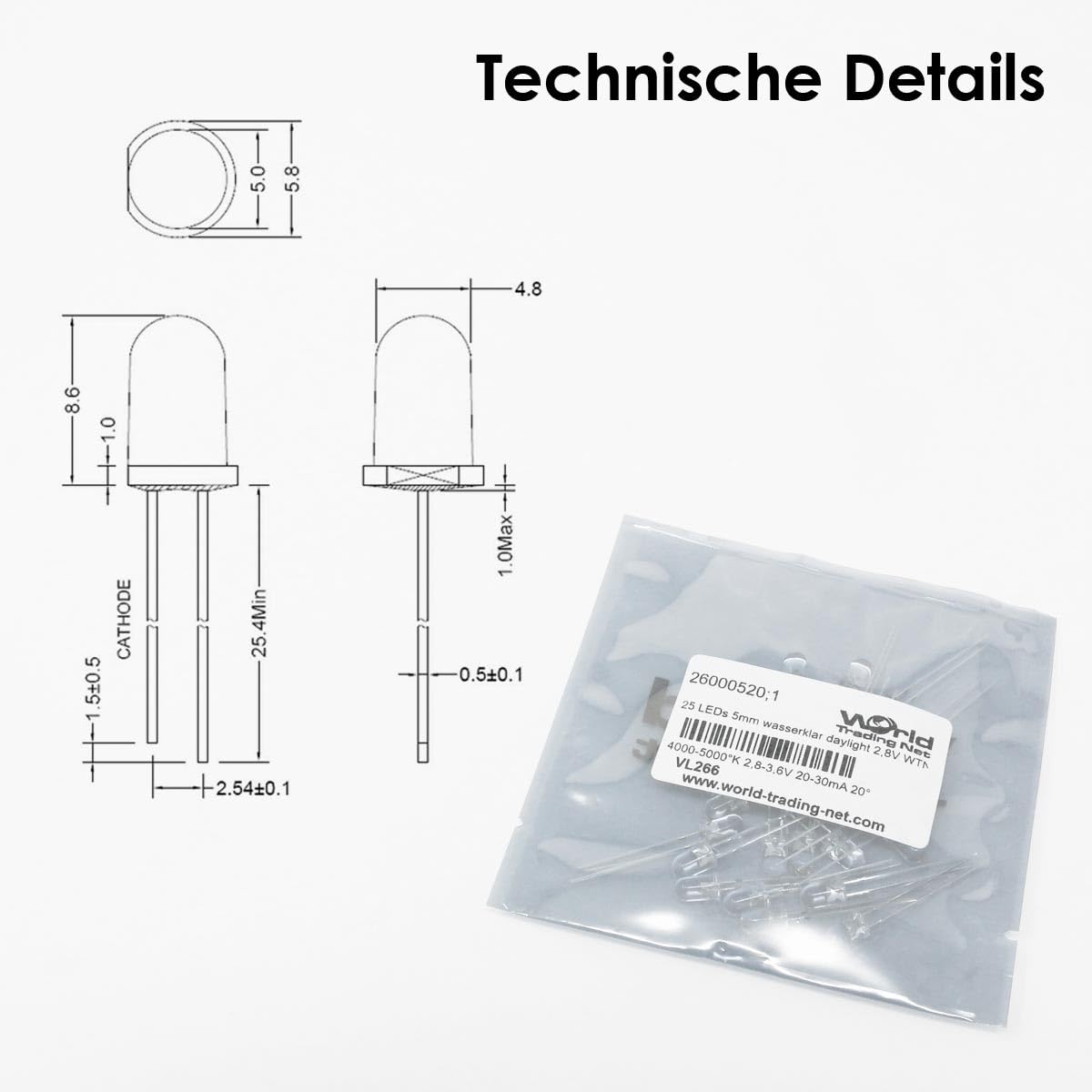 1000 LED 5mm Luce Diurna Trasparente Tipo WTN-3-20000nw, diodo emettitore di Luce, cablato, diodo Luminoso, Come componente