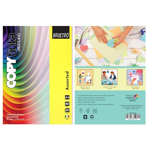 Image of BRUSTRO Copytinta Mixed Bright & Soft Colour Craft Paper| A4 Size | 80 GSM |Pack of 80 Sheets (20 colors x 4 sheets)|Double Side Colored, Ideal for Origami, Scrapbooking, Making Card, DIY Art & Craft.