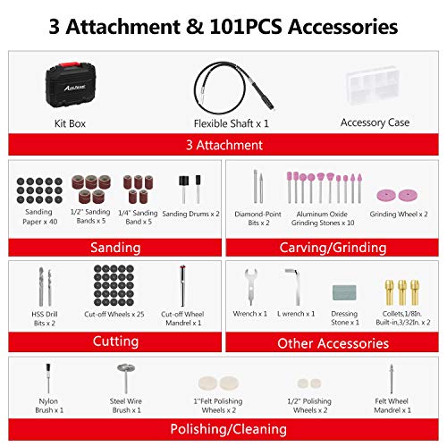 Rotary Tool Kit Variable Speed with Flex Shaft, 101pcs Accessories and Carrying Case for Grinding, Cutting, Wood Carving, Sanding, and Engraving