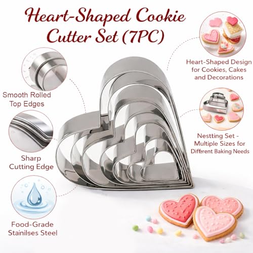 Image of KMW Stainless Steel Heart-Shaped Cookie Cutter Set (7 Pieces Set) | Cake Decorating Tools | Molds for Biscuits and Sandwiches