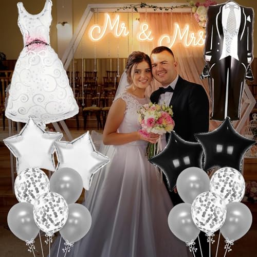 Image of Rozi Decoration Bride Dress Foil Balloon Set, Silver, Wedding Party Decorations, 8 Pieces, Star and Confetti Balloons