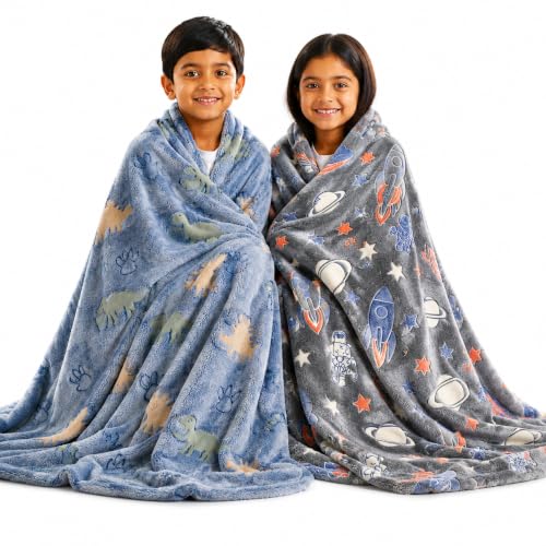 Image of Glow in The Dark Blanket for Kids Pack of 2 Soft Fleece Flannel Throw Blanket Blue & Grey Reindeer Snowflake Design Winter Blanket 150 x 200 cm