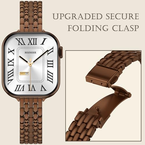 Image of Slim Metal Bands for Apple Watch 49 /46 /45 /44 /42mm(Series 3 /2 /1) | Thin Shiny Stainless Steel Strap Bands for Women, Fit iWatch Series 11 10 9 8 7 6 5 4 3 2 1 SE3 SE2 SE, Ultra 3 /2 /1, Coffee