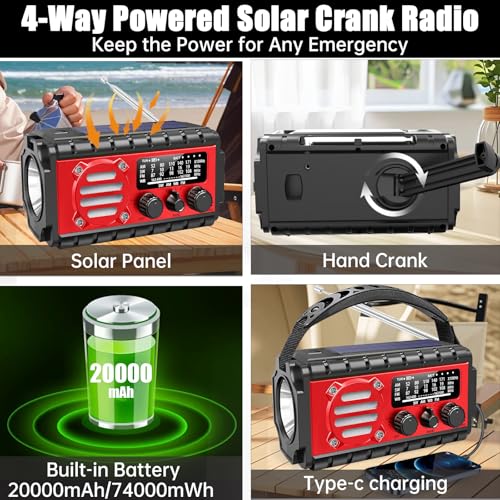 Aivica 20000mah Emergency Radio, SW/NOAA/AM/FM Weather Radio, Solar Powered Hand Crank Chager with Bige Batery Powered,Portable,Cellphone Charge,SOS,Flashlight for Emergency/Home
