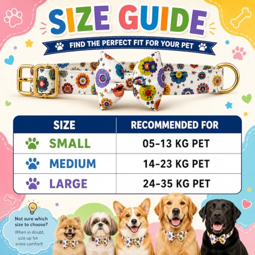 Image of Premium Dog Collar with Bow Tie, Adjustable Size, Lightweight | for 23-35 Kilograms Dogs (L, Floral)