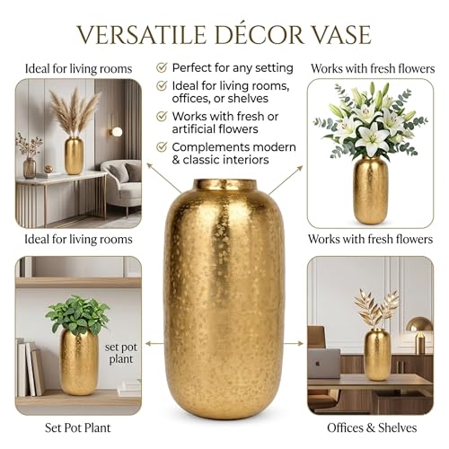 Image of INDIAN DECORMART Flower Vase | Flower Pots for Home Decor, Living Room, Bedroom, Office, Gifting, Colour Gold (IDM22240, 18x18x34 CM)